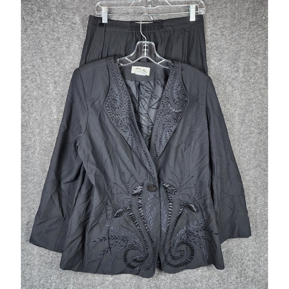 Ann Gerlin Skirt Suit Women 14 Black Beaded Embroidered Vintage Formal Set